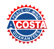 Badge reading Acosta Peace-of-Mind Guarantees